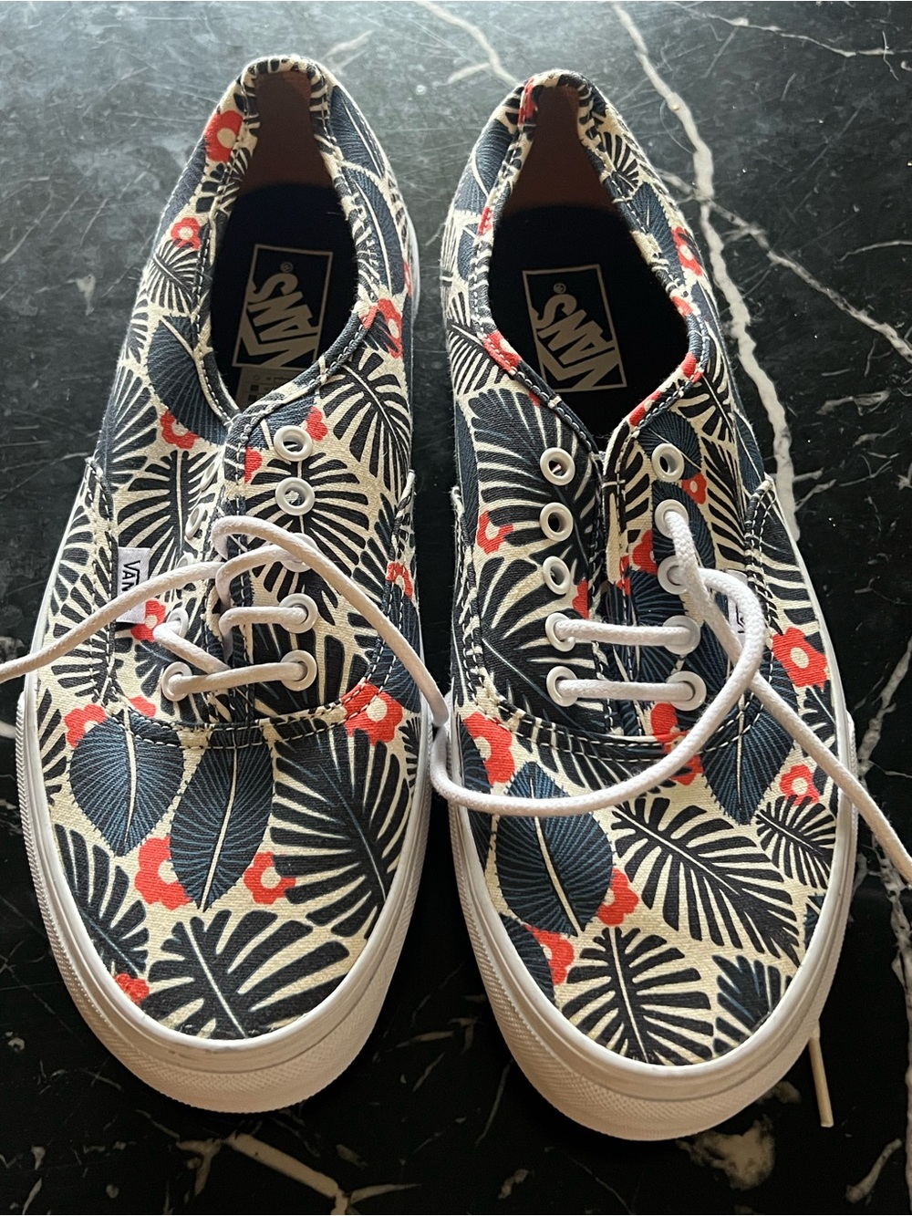 Vans Men’s Floral Leaf Authentic Sneakers - Black/White with Red Accent